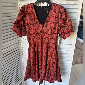 Short Puffed Sleeve V-Neck Woven Mini Dress